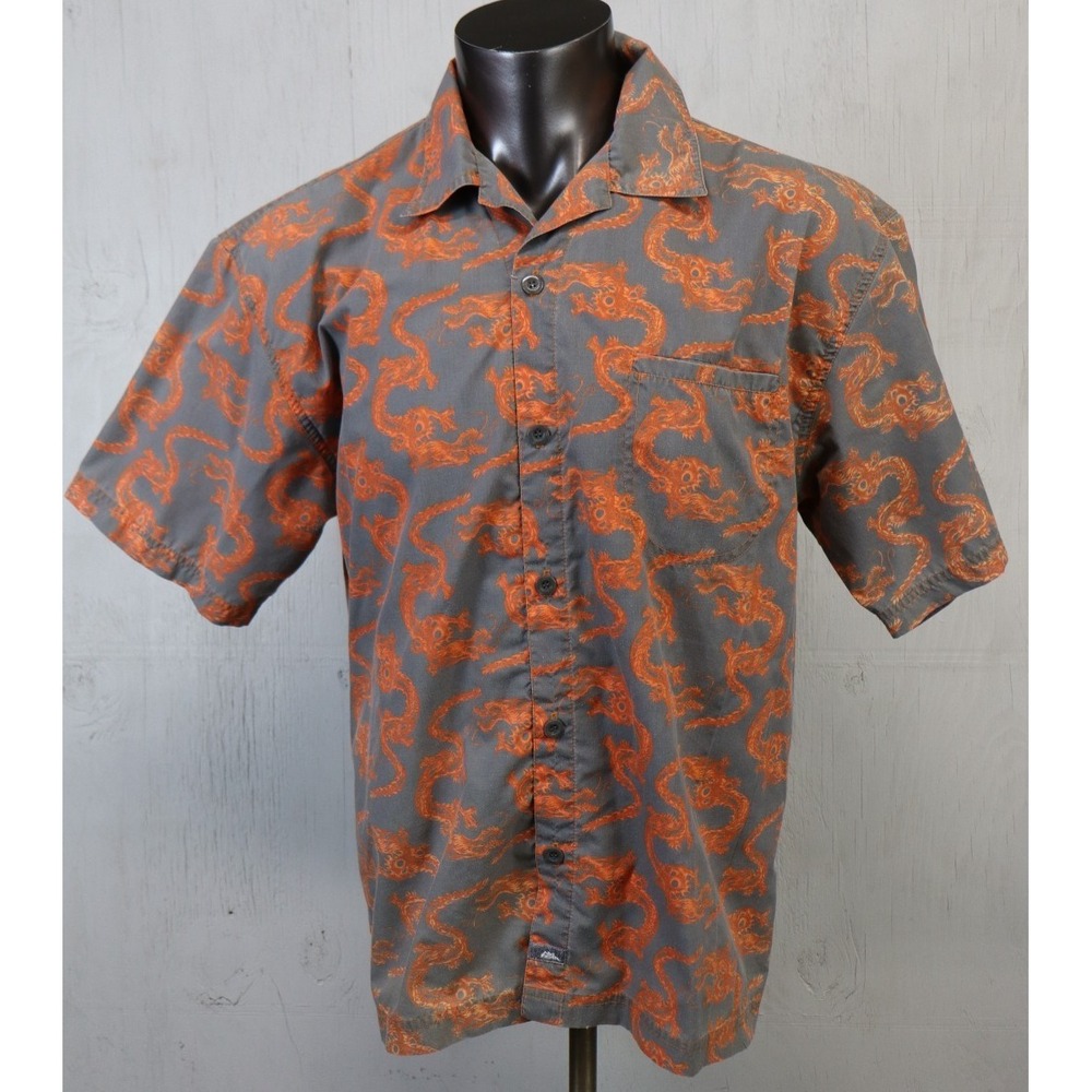 Mens NO FEAR Dragon All Over Short Sleeve Button Up Shirt Size L Gray Orange Y2K